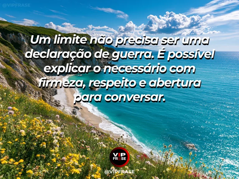 Arte com frase de paz sobre firmeza e respeito ao estabelecer limites, em cenário de caminho florido definido por muros baixos de pedra.