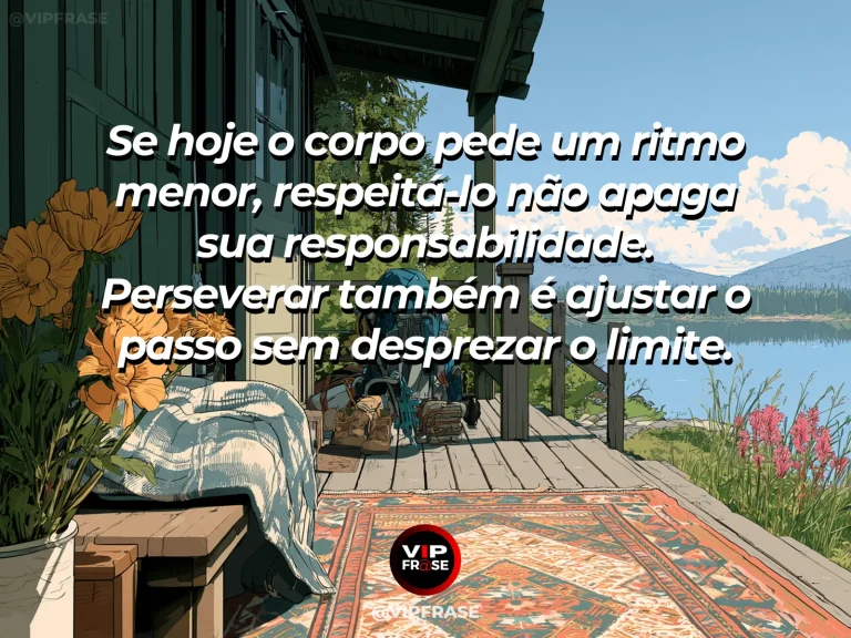 Frase de força sobre firmeza no ritmo possível, com refúgio alpino de madeira e pedra junto a lago cristalino.