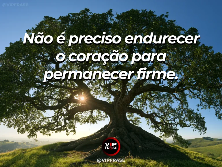 Mensagem de força sobre firmeza sem dureza, com grande carvalho de copa verde cercado por flores silvestres.