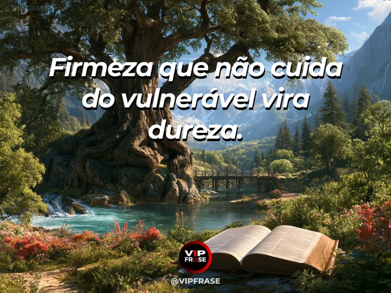 Frase de força sobre força para proteger o frágil, ilustrada por uma árvore monumental protegendo um delicado broto próximo à raiz.