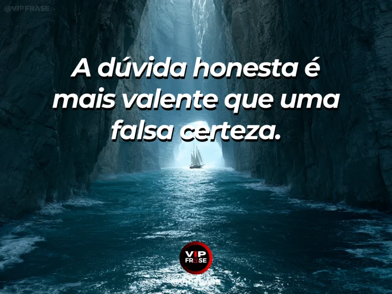 Arte com frase sobre coragem e admitir a duvida, ilustrada por sailboat carefully navigating distant fog among enormous blue cliffs.