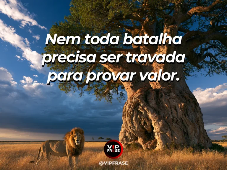 Arte com frase sobre coragem e batalhas desnecessarias, ilustrada por lion resting with composure under a huge baobab tree while storm clouds gather.