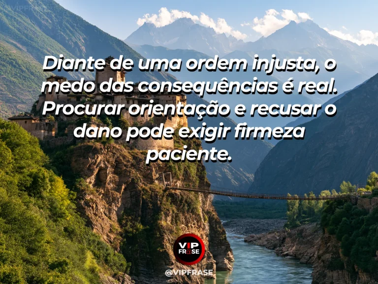 Arte com frase sobre coragem e consciencia diante de ordens injustas, ilustrada por stone citadel perched on a mountain above threatening storm clouds.