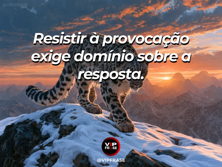 Arte com frase sobre coragem e dominio diante da provocacao, ilustrada por snow leopard sitting calmly above a narrow gorge at dawn.