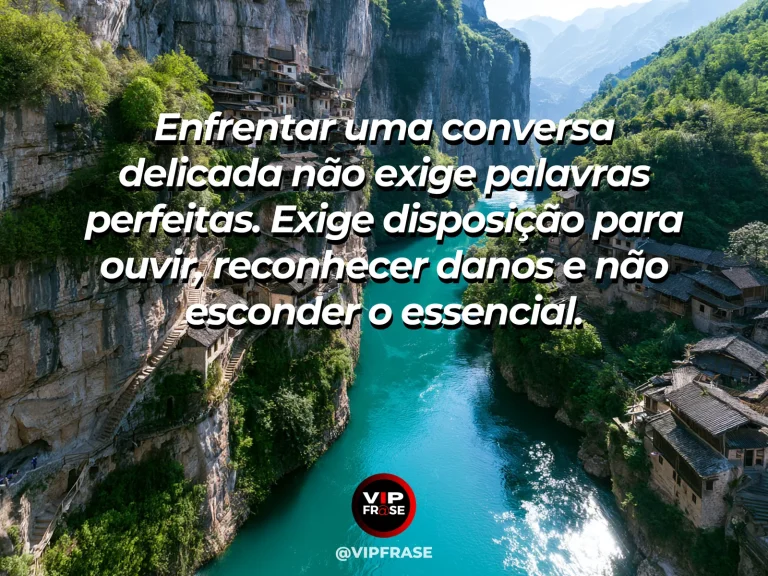 Arte com frase sobre coragem e o desafio das conversas necessarias, ilustrada por chairs on an open stone terrace overlooking brilliant peaceful valley.
