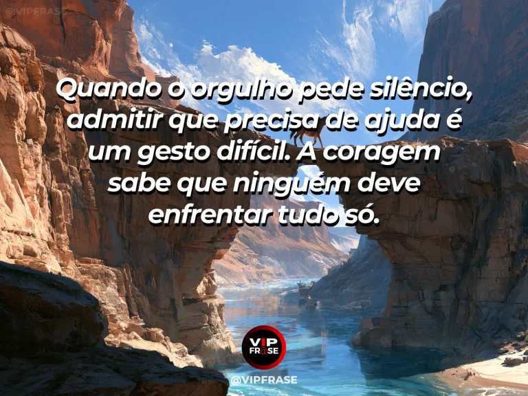 Arte com frase sobre coragem e o orgulho e o pedido de ajuda, ilustrada por mountain climbers secured together with ropes while approaching snowy summit.