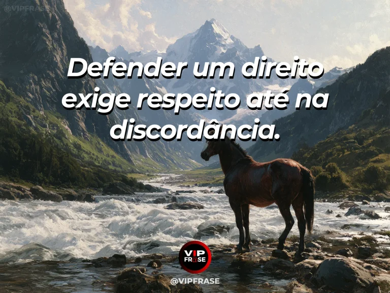 Arte com frase sobre coragem e respeito na discordancia, ilustrada por noble horses standing calmly on opposite sides of a clear mountain stream.