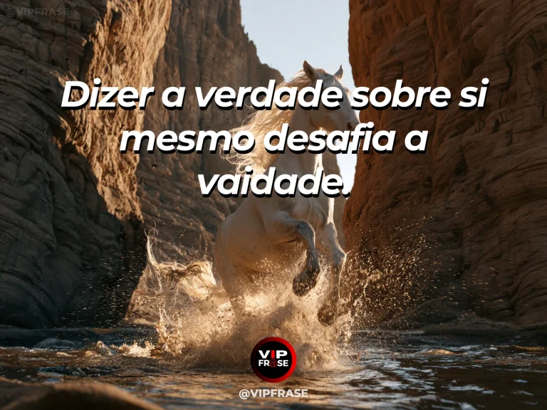 Arte com frase sobre coragem e verdade e vaidade, ilustrada por white horse viewing its reflection in a quiet turquoise mountain lake.