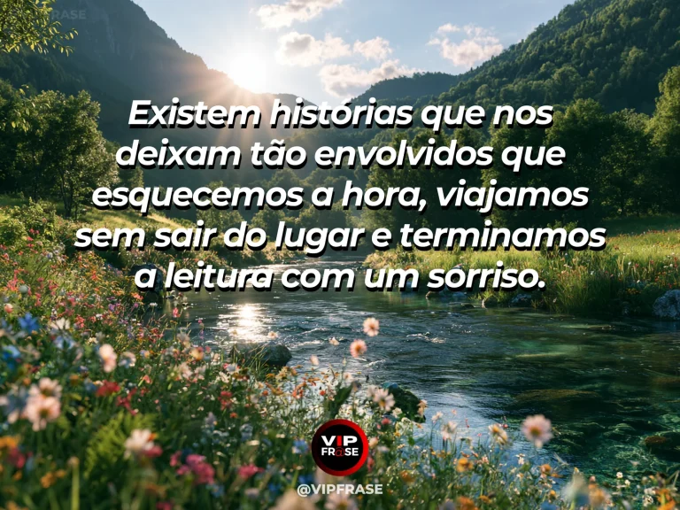Frase sobre felicidade em cenário de cozy reading nook com open book and blooming garden beyond.