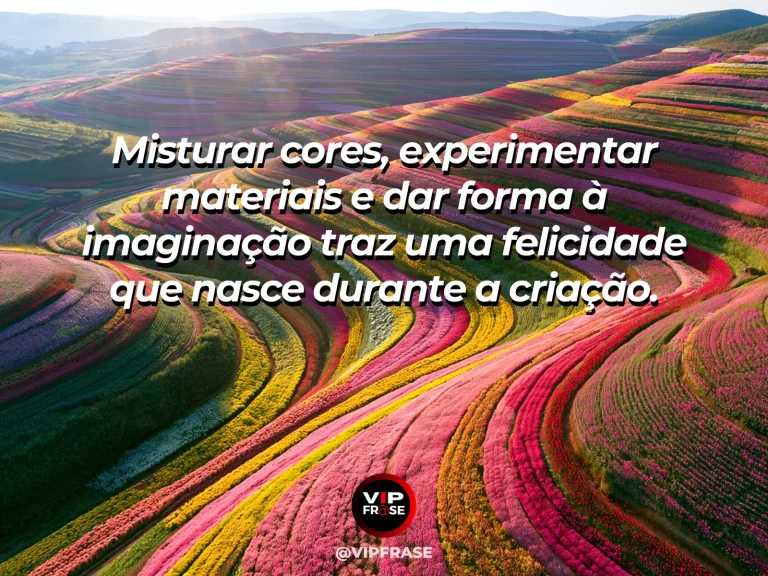 Frase sobre felicidade com artist watercolor palette and brushes beside vivid garden flowers.