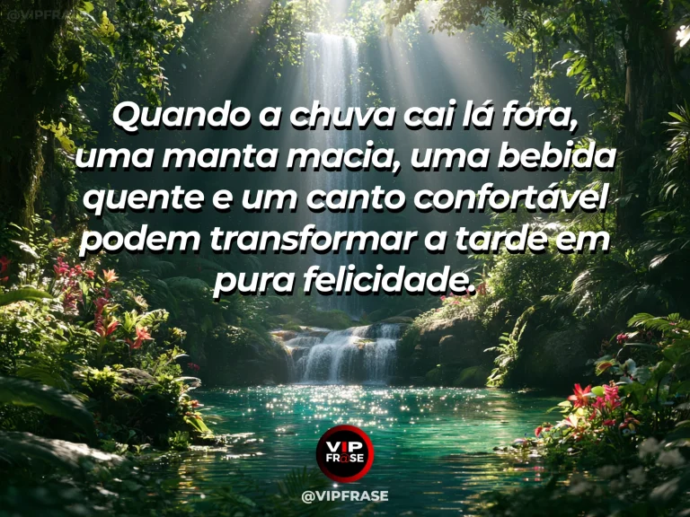 Frase sobre felicidade em cenário de soft blanket cup of tea by rainy window com garden flowers.