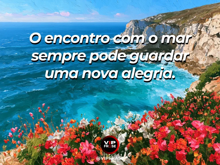 Frase sobre felicidade com turquoise Mediterranean sea with sparkling sun and bougainvillea foreground.