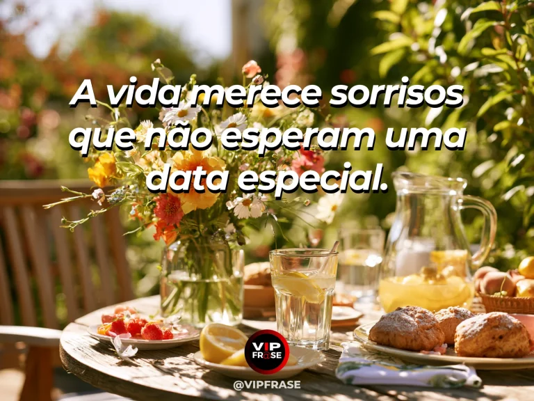 Arte com frase sobre felicidade e a beleza de celebrar a vida, com sunny garden dining setting with flowers but no festive symbols.