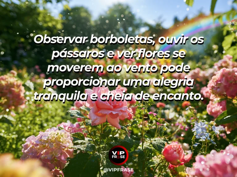 Frase sobre felicidade com butterflies above colorful spring flowers in lively garden morning.