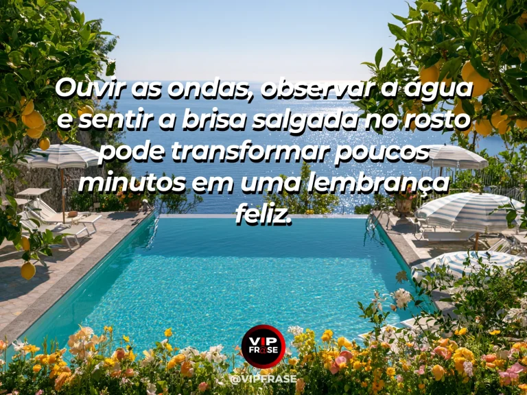 Frase sobre felicidade com flower-framed airy coastal terrace overlooking turquoise sea.
