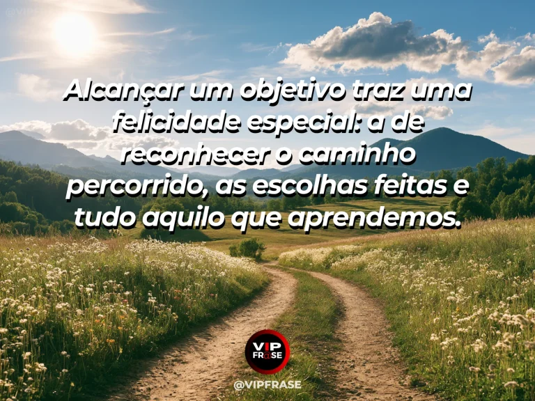 Arte com frase sobre felicidade e a satisfacao de chegar ate aqui, com winding mountain path reaching sunlit blooming overlook.