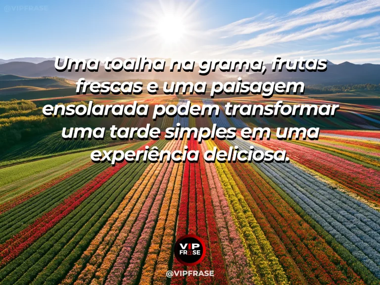 Frase sobre felicidade com picnic blanket and fresh fruit among wildflowers under brilliant blue sky.