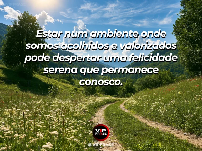 Frase sobre felicidade em cenário de welcoming colorful garden seating under flowering trees.