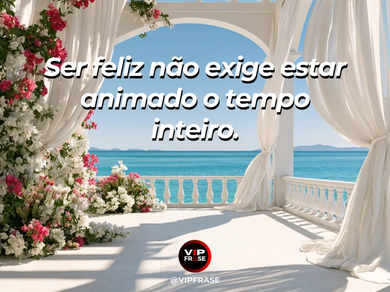 Arte com frase sobre felicidade e o contentamento possivel, com calm blue mountain lake surrounded by radiant flowers.