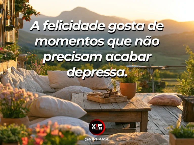 Frase sobre felicidade em cenário de peaceful flower garden patio com afternoon light.