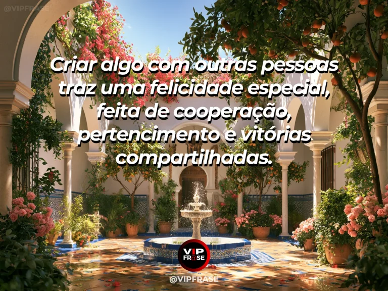 Frase sobre felicidade em cenário de long garden gathering table beneath flowering pergola.