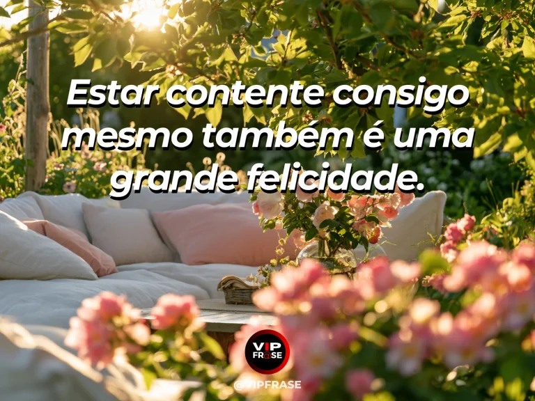 Arte com frase sobre felicidade e um coracao satisfeito, com inviting garden bench amid colorful roses and sunlight.