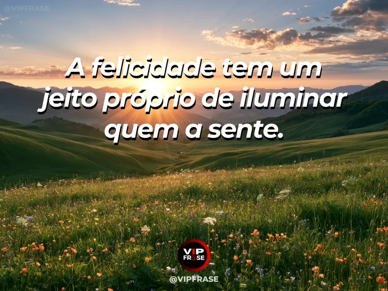 Arte com frase sobre felicidade e uma alegria que ilumina, com golden sunrays falling over wildflower hills.