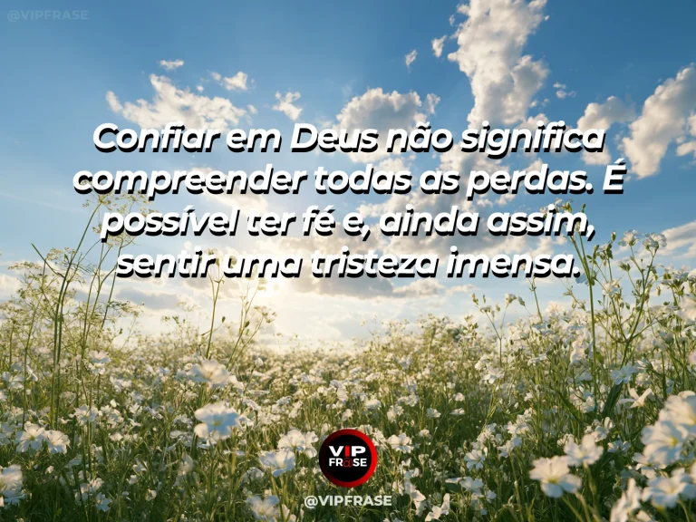 Frase de luto sobre fe, com jardim ao amanhecer.