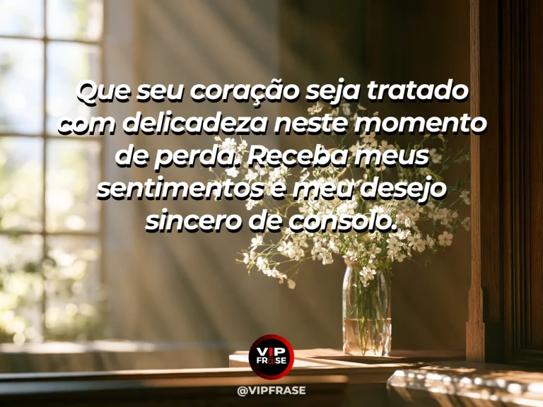 Frase de luto para confortar alguém, com flores claras em vaso com luz suave.
