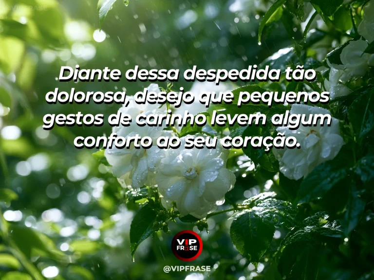Frase de luto para confortar alguém, com flores brancas sob luz dourada.