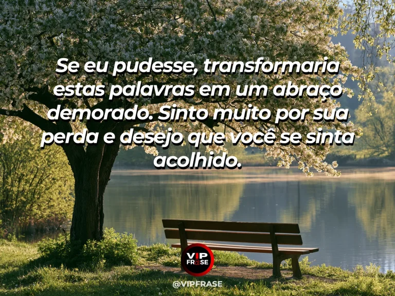 Frase de luto para confortar alguém, com banco de madeira entre flores.