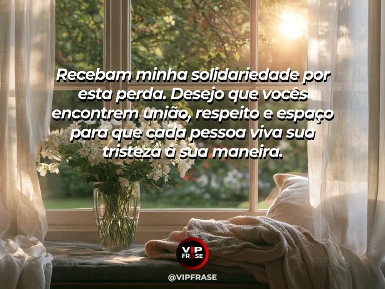 Frase de luto para enviar condolências, com arranjo floral claro junto à janela.
