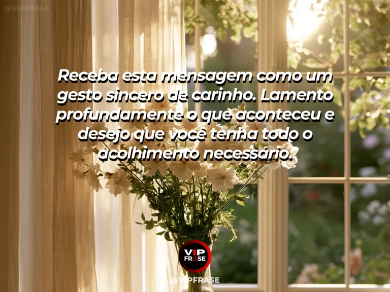 Frase de luto para enviar condolências, com buquê claro sobre linho junto à janela.