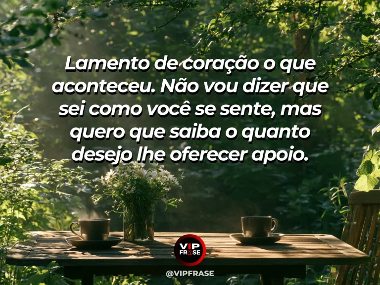 Frase de luto para enviar condolências, com mesa com duas xícaras em jardim.