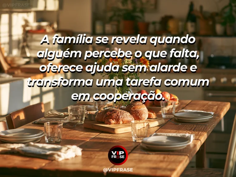 Frase sobre família e a beleza de dividir o comum, com cozinha ensolarada com louças organizadas e cesta de frutas.