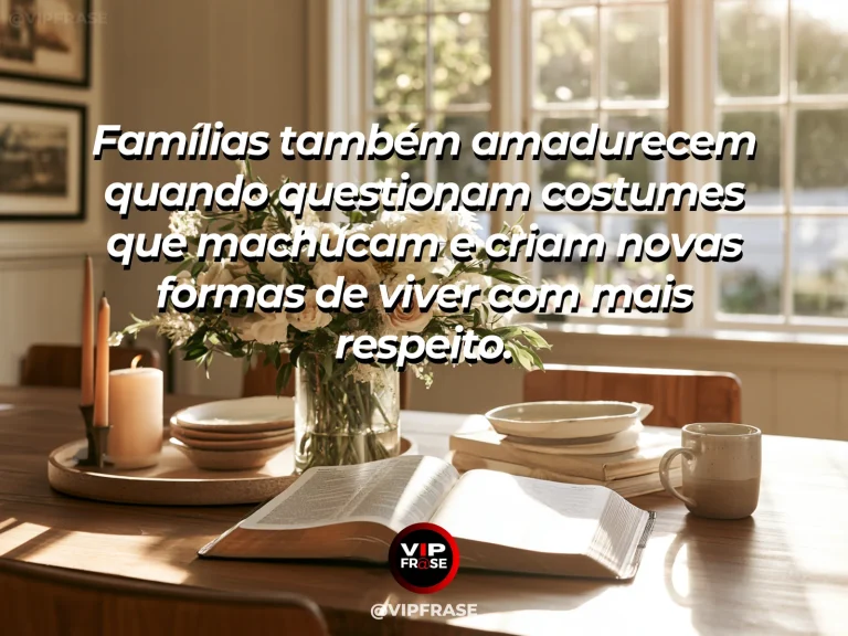 Frase sobre família e a coragem de rever hábitos, com sala renovada iluminada com plantas e janelas abertas.