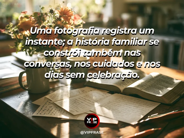 Frase sobre família e a família além das fotografias, com álbum de fotografias com canecas e flores sobre mesa familiar.