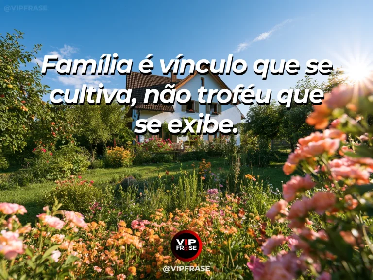 Frase sobre família e a família que nos faz bem, com quintal familiar verdejante com flores vibrantes e mesa acolhedora.
