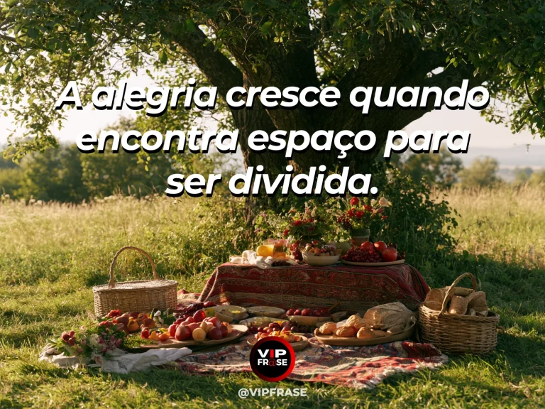 Frase sobre família e alegria de compartilhar, com piquenique ensolarado com frutas e toalha florida.