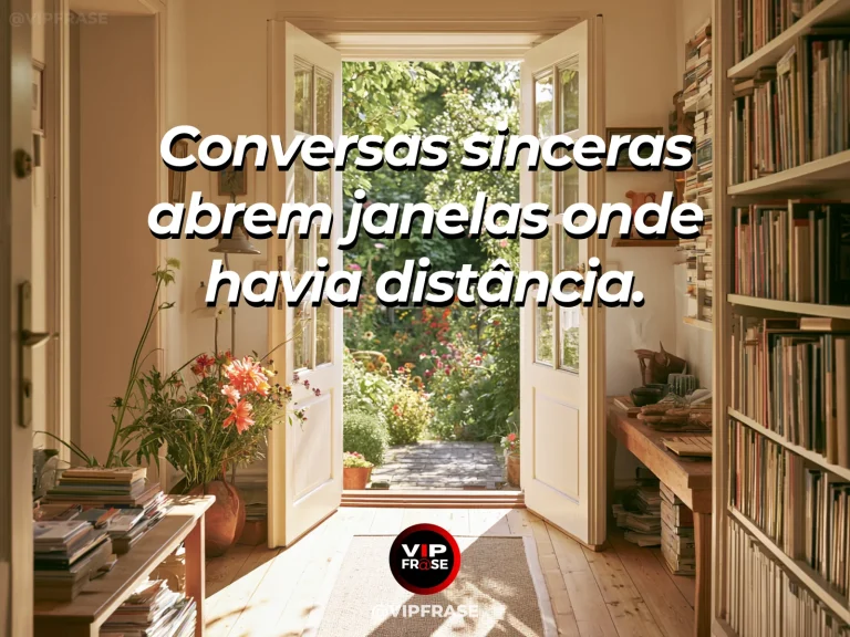 Frase sobre família e coragem para conversar, com janela aberta para jardim fresco e ensolarado.