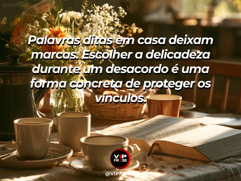 Frase sobre família e cuidar das palavras, com duas xícaras próximas numa mesa de madeira diante de janela florida.