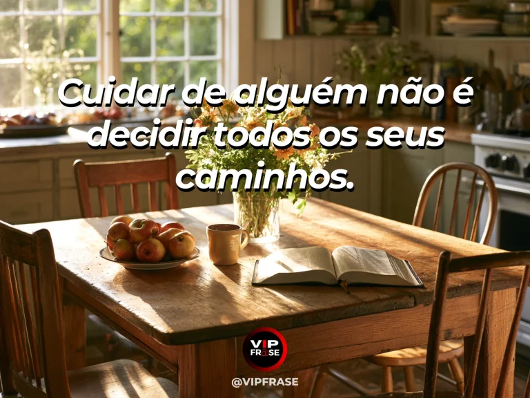 Frase sobre família e cuidar sem controlar, com bifurcação suave de trilhas num jardim florido ensolarado.