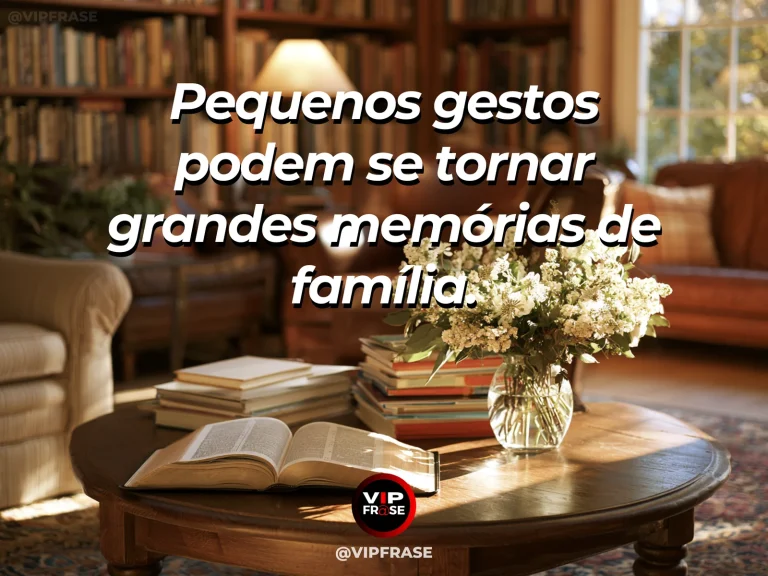 Frase sobre família e memória de gestos simples, com álbum de fotos antigo com flores e xícara em mesa clara.