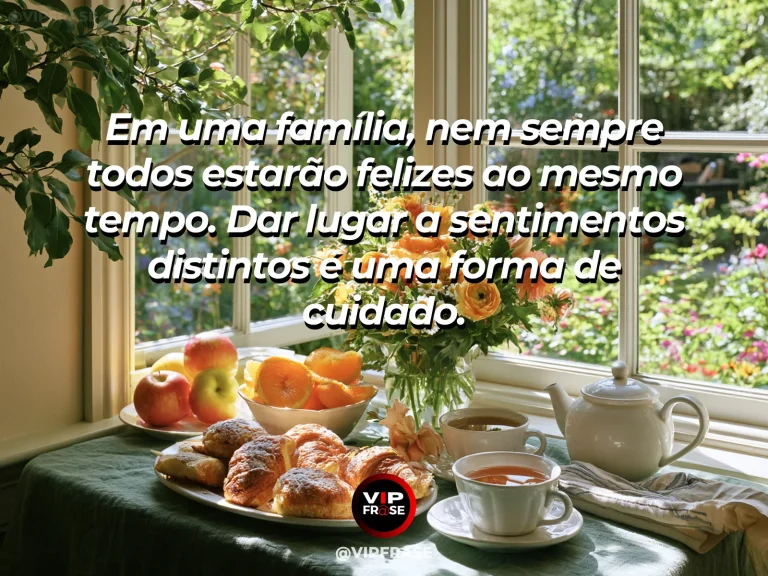 Frase sobre família e o acolhimento das emoções, com sala acolhedora com poltronas confortáveis e flores suaves.