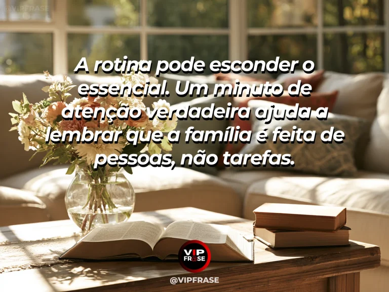 Frase sobre família e o afeto que atravessa rotinas, com café da manhã simples com flores e luz entrando pela cozinha.