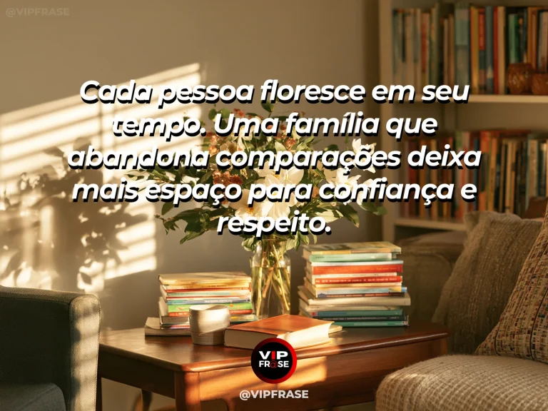 Frase sobre família e o cuidado de não comparar, com canteiro de flores diferentes crescendo em ritmos próprios.