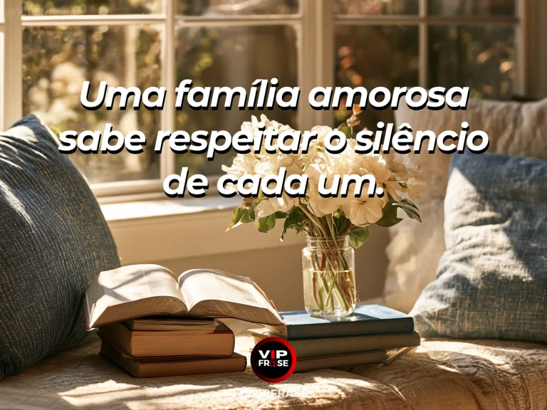 Frase sobre família e o respeito às pausas, com poltrona confortável próxima à janela e jardim luminoso.