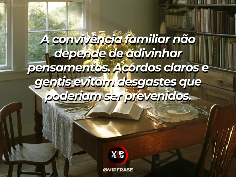 Frase sobre família e pequenos acordos, grande convivência, com mesa de cozinha com caderno fechado canecas e buquê de flores.