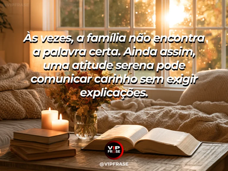 Frase sobre família e quando as palavras falham, com canto de sala acolhedora com manta dobrada e flores claras.