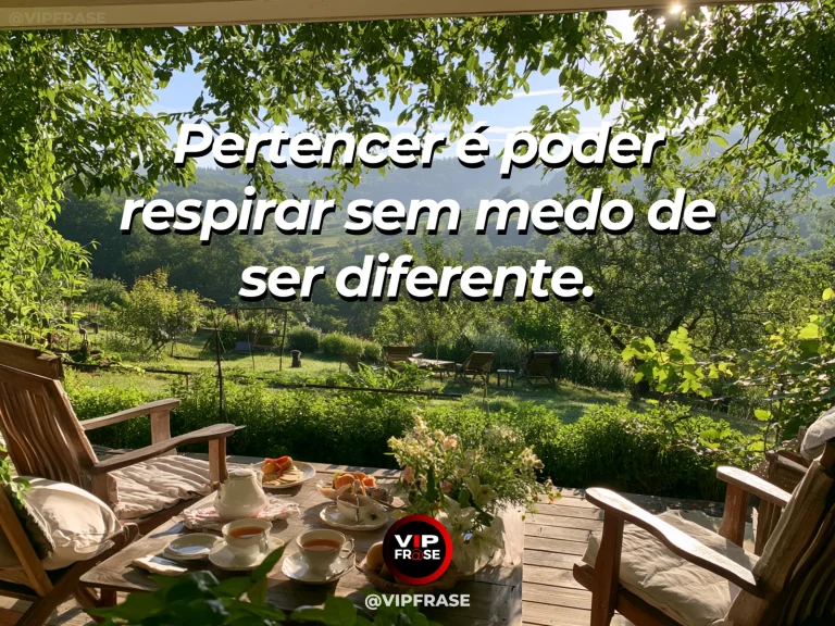 Frase sobre família e um lugar para respirar, com varanda aberta para jardim florido amplo e céu azul.